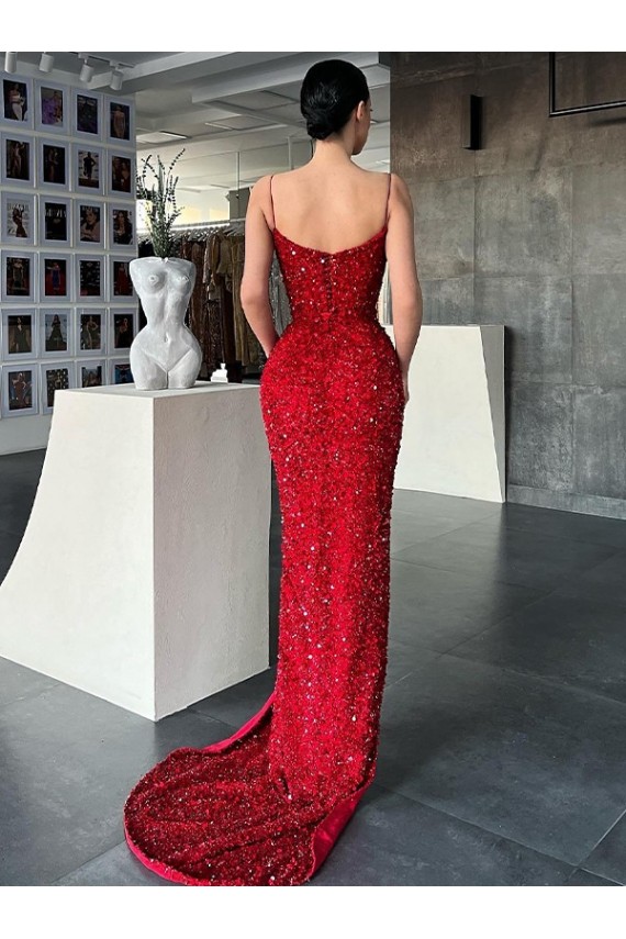 Site de Comboio Varredela Sem Mangas Lantejoulas Veludo Vermelho Bainha Vestidos de Festa