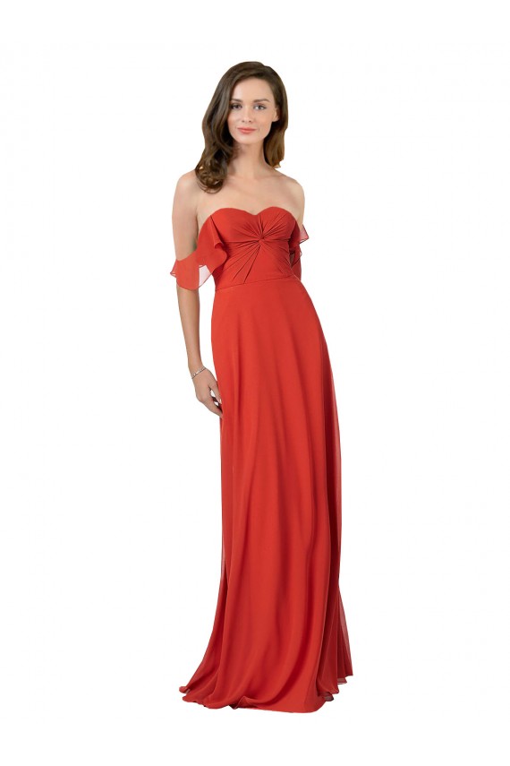 Site de Comprimento Chão Sem Mangas Chiffon Vermelho Linha A Sem Mangas Sem alças Vestidos de Madrinha