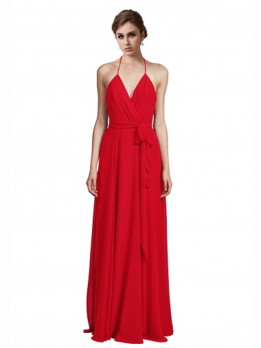 Site de Comprimento Chão Sem Mangas Chiffon Vermelho Linha A Sem Mangas Longo Alças finas Vestidos de Madrinha