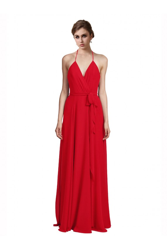 Site de Comprimento Chão Sem Mangas Chiffon Vermelho Linha A Sem Mangas Longo Alças finas Vestidos de Madrinha