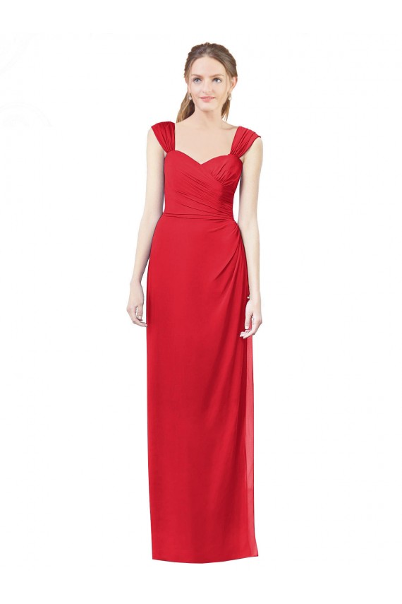 Site de Comprimento Chão Mangas Curtas Chiffon Vermelho Linha A Vestidos de Madrinha