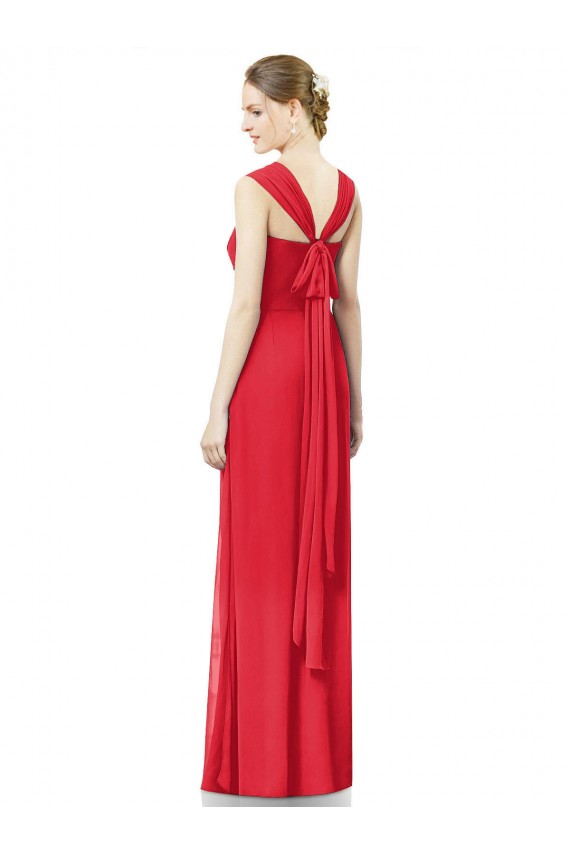 Site de Comprimento Chão Mangas Curtas Chiffon Vermelho Linha A Vestidos de Madrinha