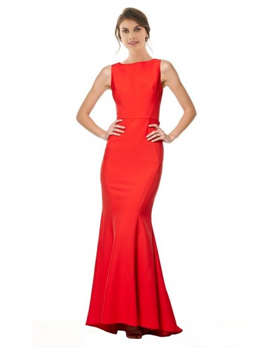 Site de Comprimento Chão Sem Mangas Crepe Esticado Vermelho Sereia Vestidos de Madrinha / Vestidos de Noite
