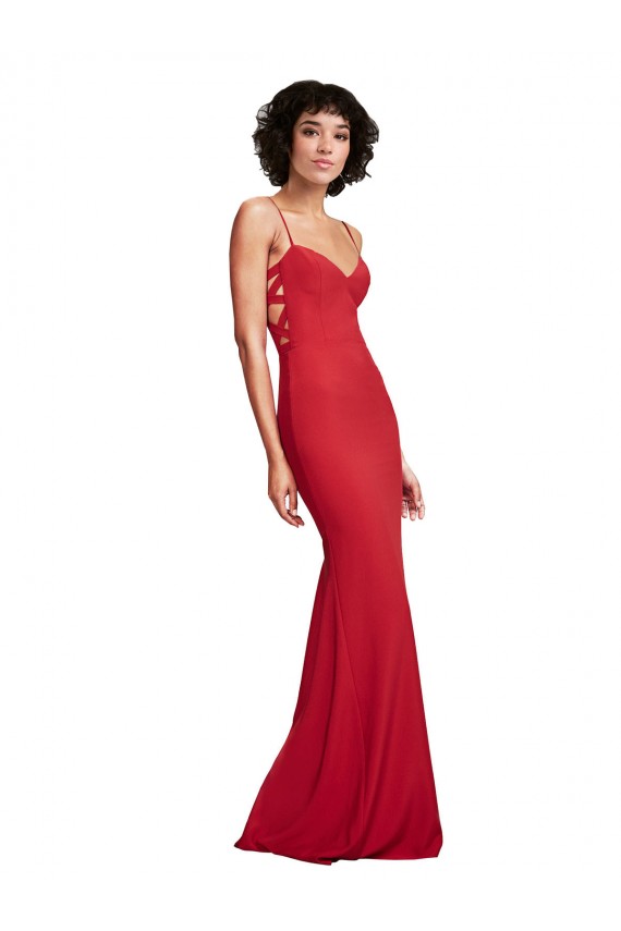 Site de Comprimento Chão Sem Mangas Crepe Esticado Vermelho Sereia Sem Mangas Alças finas Vestidos de Madrinha / Vestidos de Noite / Vestidos de Festa