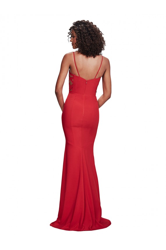 Site de Comprimento Chão Sem Mangas Crepe Esticado Vermelho Sereia Sem Mangas Alças finas Vestidos de Madrinha / Vestidos de Noite / Vestidos de Festa