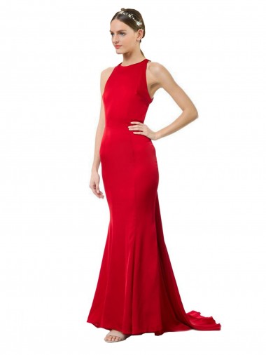 Site de Comprimento Chão Sem Mangas Crepe Esticado Vermelho Sereia Sem Mangas Vestidos de Madrinha / Vestidos de Festa