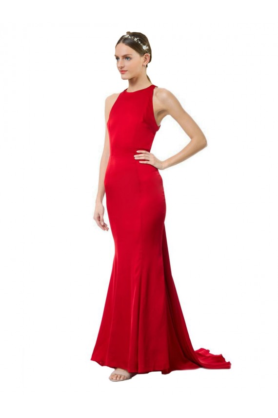 Site de Comprimento Chão Sem Mangas Crepe Esticado Vermelho Sereia Sem Mangas Vestidos de Madrinha / Vestidos de Festa