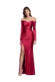 Site de Comprimento Chão Mangas Compridas Cetim Elástico Vermelho Escuro Bainha Vestidos de Madrinha / Vestidos de Noite / Vestidos de Festa