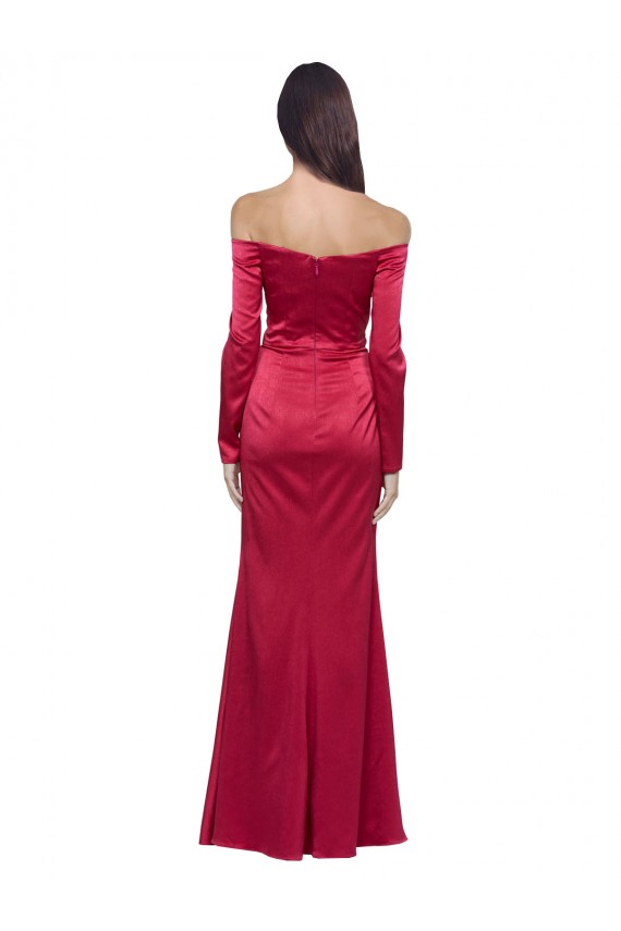 Site de Comprimento Chão Mangas Compridas Cetim Elástico Vermelho Escuro Bainha Vestidos de Madrinha / Vestidos de Noite / Vestidos de Festa