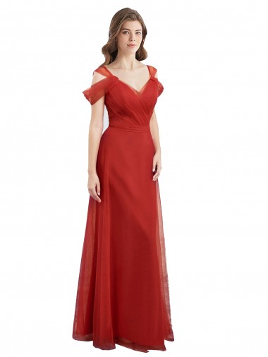Site de Comprimento Chão Ombro Frio Tule Vermelho Linha A Vestidos de Madrinha
