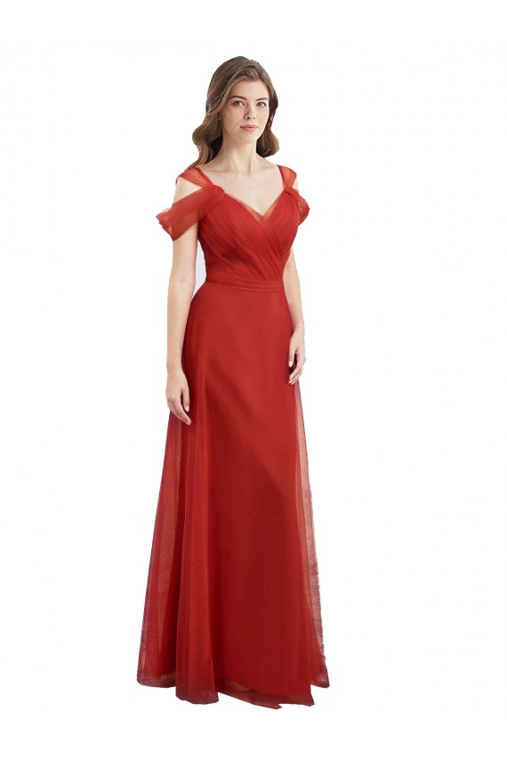 Site de Comprimento Chão Ombro Frio Tule Vermelho Linha A Vestidos de Madrinha