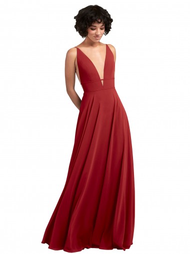 Site de Comprimento Chão Sem Mangas Chiffon Vermelho Linha A Vestido de Madrinha