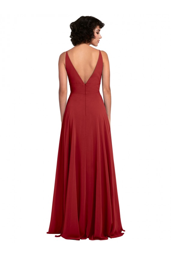 Site de Comprimento Chão Sem Mangas Chiffon Vermelho Linha A Vestido de Madrinha