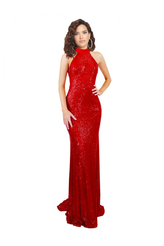 Site de Comprimento Chão Sem Mangas Lantejoulas Vermelho Sereia Vestidos de Madrinha / Vestidos de Noite / Vestidos de Festa