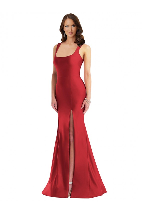 Site de Comprimento Chão Sem Mangas Cetim Sedoso Vermelho Sereia Vestidos de Madrinha / Vestidos de Noite / Vestidos de Festa