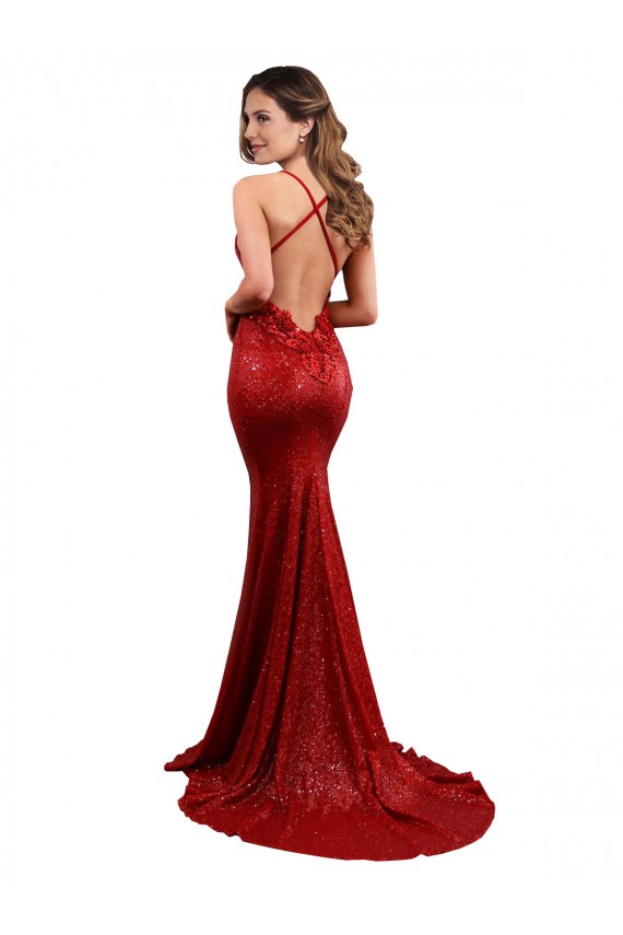 Site de Comprimento Chão Sem Mangas Lantejoulas Vermelho Sereia Vestidos de Noite / Vestidos de Festa