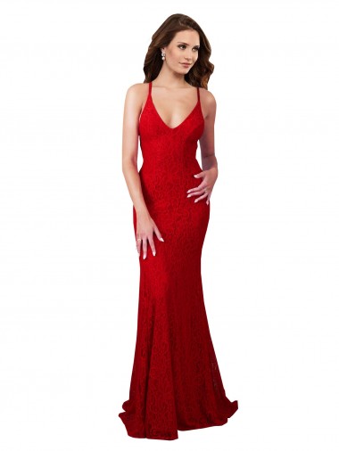 Site de Comprimento Chão Sem Mangas Renda Vermelho Sereia Vestidos de Madrinha / Vestidos de Noite / Vestidos de Baile