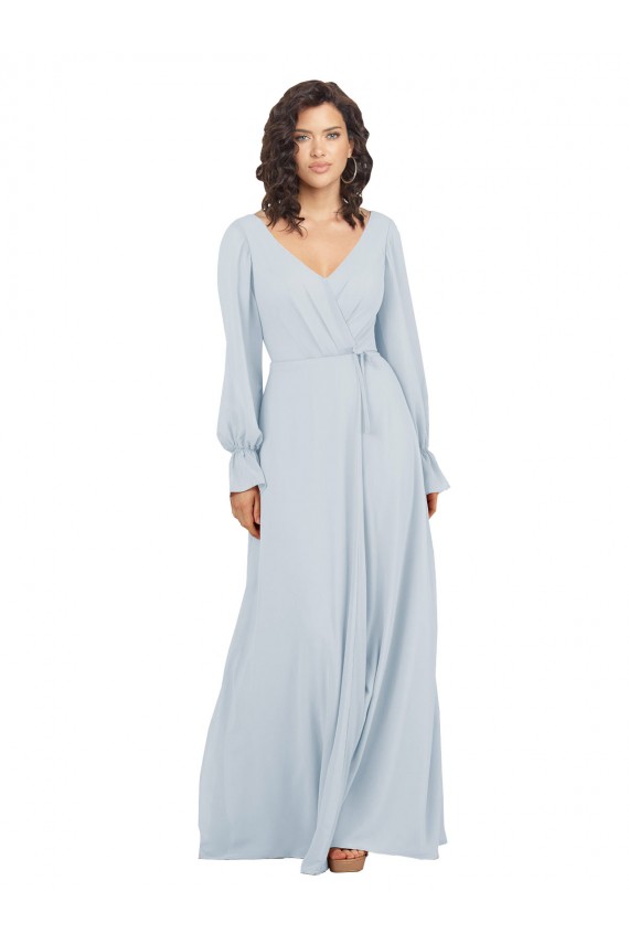 Site de Comprimento Chão Mangas Compridas Chiffon Vidro Marinho Linha A Vestidos de Madrinha
