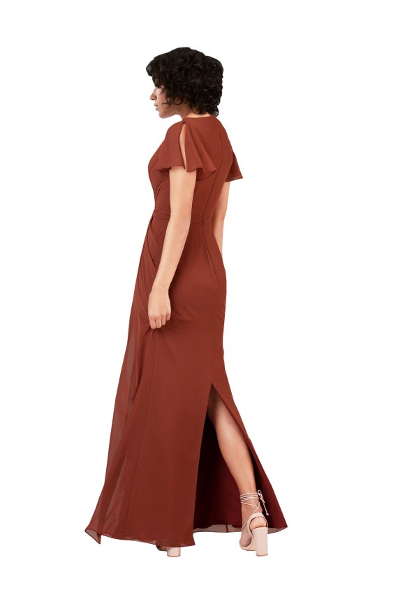 Site de Comprimento Chão Mangas Esvoaçantes, Mangas Curtas Chiffon Vidro Marinho Linha A Vestidos de Madrinha