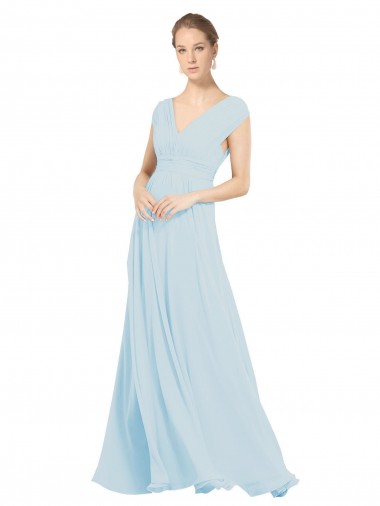 Site de Comprimento Chão Sem Mangas Chiffon Vidro Marinho Linha A Sem Mangas Longo Decote V Vestidos de Madrinha