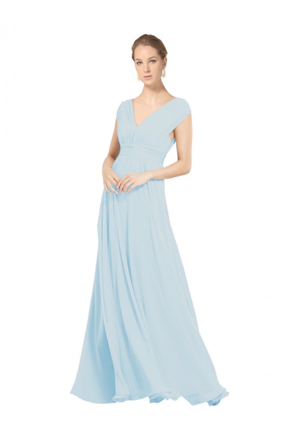 Site de Comprimento Chão Sem Mangas Chiffon Vidro Marinho Linha A Sem Mangas Longo Decote V Vestidos de Madrinha