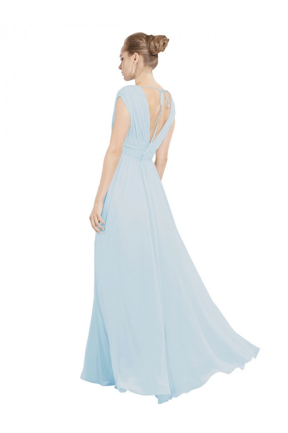 Site de Comprimento Chão Sem Mangas Chiffon Vidro Marinho Linha A Sem Mangas Longo Decote V Vestidos de Madrinha