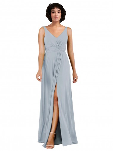Site de Comprimento Chão Sem Mangas Chiffon Vidro Marinho Coluna Vestidos de Madrinha