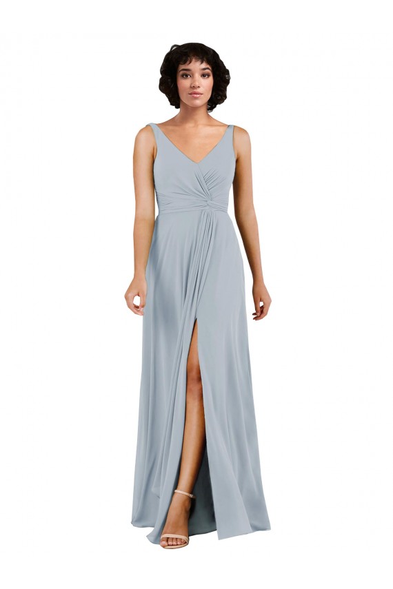 Site de Comprimento Chão Sem Mangas Chiffon Vidro Marinho Coluna Vestidos de Madrinha