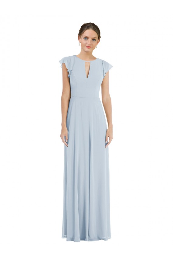 Site de Comprimento Chão Mangas Esvoaçantes Chiffon Vidro Marinho Linha A Vestidos de Madrinha / Vestidos de Noite