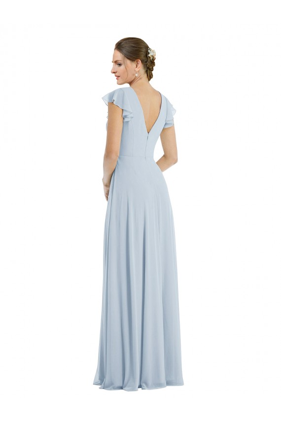 Site de Comprimento Chão Mangas Esvoaçantes Chiffon Vidro Marinho Linha A Vestidos de Madrinha / Vestidos de Noite
