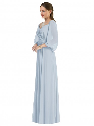 Site de Comprimento Chão Mangas Bispo, Mangas Bufantes Chiffon Vidro Marinho Linha A Vestidos de Madrinha / Vestidos de Noite