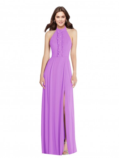 Site de Comprimento Chão Sem Mangas Chiffon Violeta Linha A Vestidos de Madrinha / Vestidos de Noite