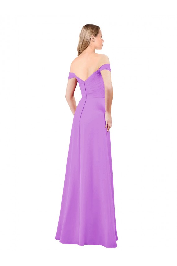 Site de Comprimento Chão Sem Mangas Chiffon Violeta Linha A Sem Mangas Fora do Ombro Vestidos de Madrinha