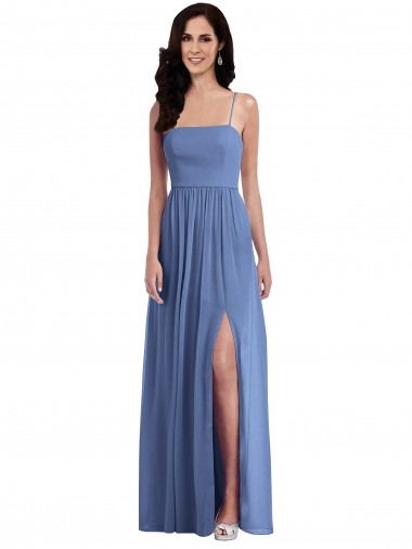 Site de Comprimento Chão Sem Mangas Chiffon Windsor Azul Linha A Sem Mangas Alças finas Vestidos de Madrinha