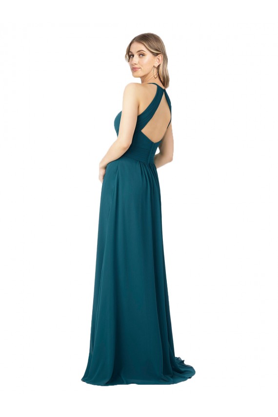 Site de Comprimento Chão Sem Mangas Chiffon Windsor Azul Linha A Sem Mangas Decote Alto Vestidos de Madrinha