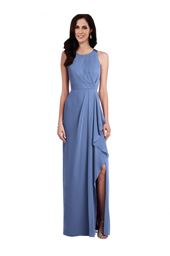 Site de Comprimento Chão Sem Mangas Chiffon Windsor Azul Linha A Sem Mangas Decote Joia Vestidos de Madrinha