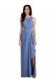Site de Comprimento Chão Sem Mangas Chiffon Windsor Azul Linha A Sem Mangas Decote Joia Vestidos de Madrinha