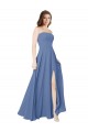 Site de Comprimento Chão Sem Mangas Chiffon Windsor Azul Linha A Sem Mangas Sem alças Vestidos de Madrinha