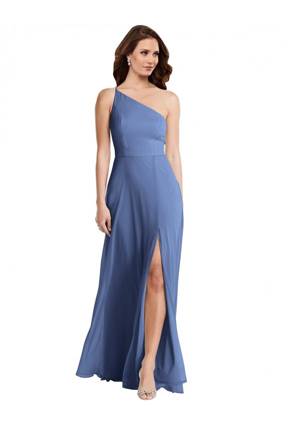 Site de Comprimento Chão Sem Mangas Chiffon Windsor Azul Linha A Vestidos de Madrinha / Vestidos de Noite